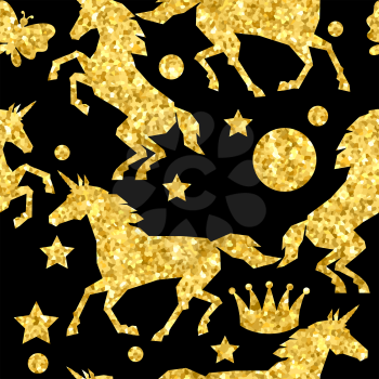 Seamless pattern with unicorns and gold glitter texture.