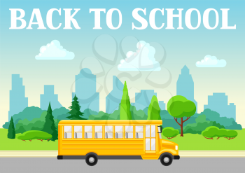 Illustration of school bus. City landscape with houses, trees and clouds.