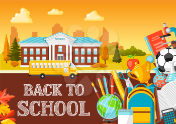 Illustration of school building and bus. City landscape with education items.