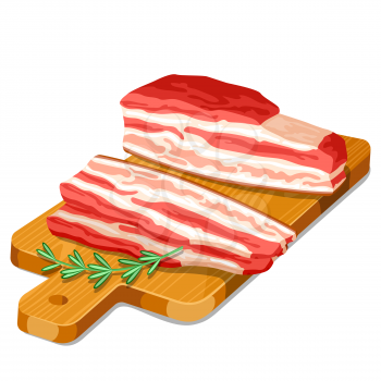 Bacon slices with rosemary on wooden cutting board.