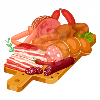 Illustration with meat products on wooden cutting board. Illustration of sausages, bacon and ham.