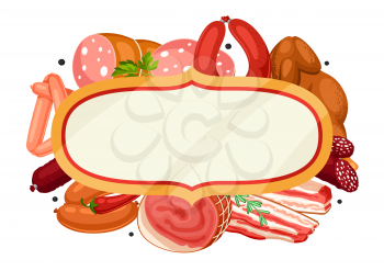 Frame with meat products. Illustration of sausages, bacon and ham.