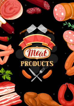 Background with meat products. Illustration of sausages, bacon and ham.