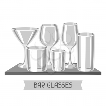 Types of bar glasses. Set of alcohol glassware on shelf.