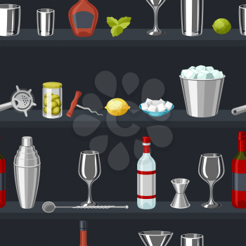 Cocktail bar seamless pattern. Essential tools, glassware, mixers and garnishes