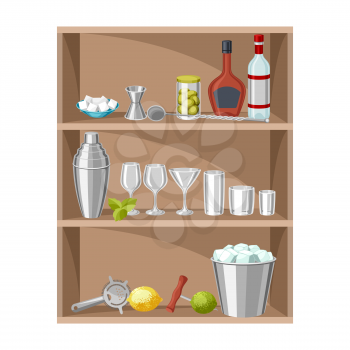 Cocktail bar background. Essential tools, glassware, mixers and garnishes