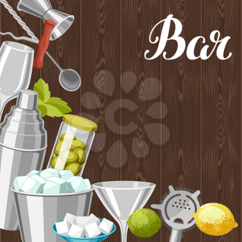 Cocktail bar background. Essential tools, glassware, mixers and garnishes
