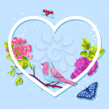 Spring garden frame. Natural illustration with blossom flower, robin birdie and butterfly.