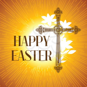Silhouette of ornate cross. Happy Easter concept illustration or greeting card. Religious symbol of faith against sun lights.