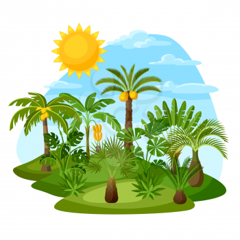 Card with tropical palm trees. Exotic tropical plants Illustration of jungle nature.