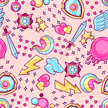 Seamless pattern with cartoon fantasy objects. Fashion symbols in comic style.