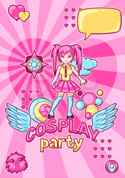 Japanese anime cosplay party invitation. Cute kawaii characters and items.