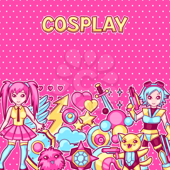 Japanese anime cosplay background. Cute kawaii characters and items.