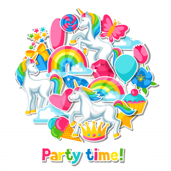 Party time. Card with unicorn and fantasy items.