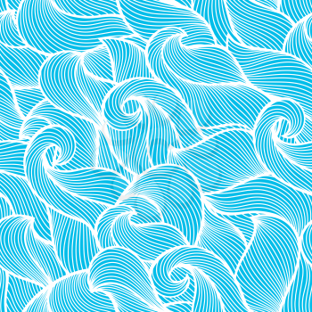Wavy curled seamless pattern. Abstract outline blue texture.