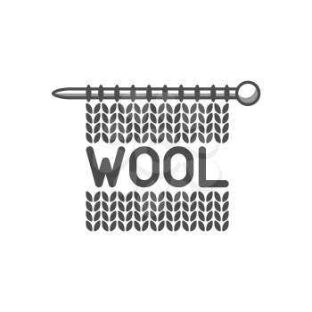 Wool emblem with knitted fabric and needle. Label for hand made, knitting or tailor shop.