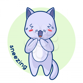 Sneezing sick cute kitten. Illustration of kawaii cat.