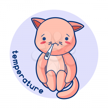 Temperature sick cute kitten. Illustration of kawaii cat.