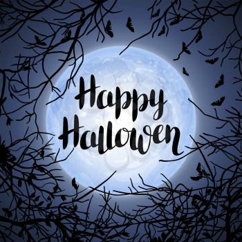 Halloween background with moon and tree branches. Invitation to party or greeting card.