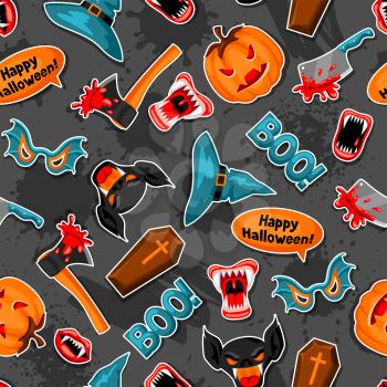 Happy Halloween seamless pattern with cartoon holiday sticker symbols.