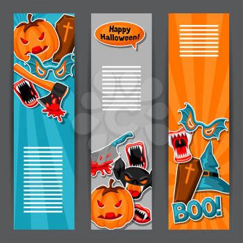 Happy Halloween banners with cartoon holiday sticker symbols. Invitation to party or greeting card.