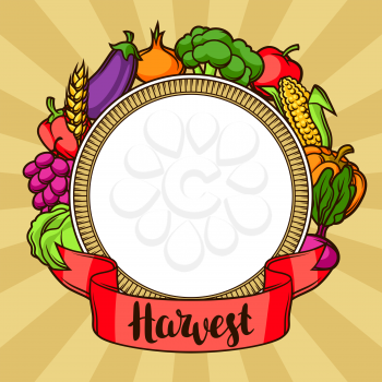 Harvest decorative element. Autumn illustration with ribbon, seasonal fruits and vegetables.
