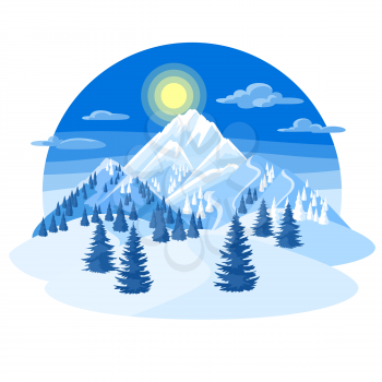 Winter landscape with snowy mountains and fir forest.