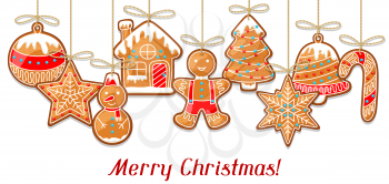 Merry Christmas greeting card with hanging gingerbread.
