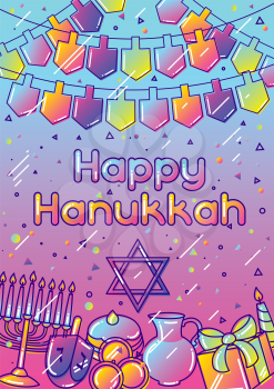 Happy Hanukkah greeting card with holiday objects.