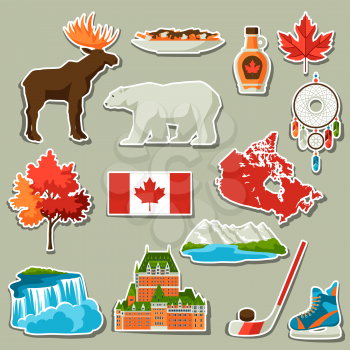Canada sticker icons set. Canadian traditional symbols and attractions.