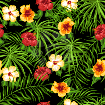 Tropical seamless pattern. Palm leaves and hibiscus flowers.