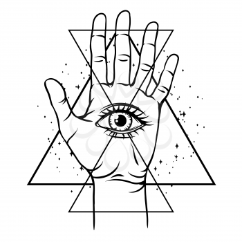 Open hand with all seeing eye symbol. Spirituality, astrology and esoteric concept. Black and white hand drawn illustration.