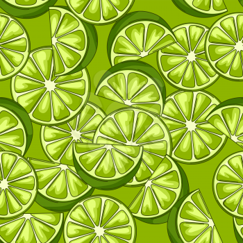 Seamless pattern with limes. Fresh healthy juice. Green stylized citrus fruits whole and slices.