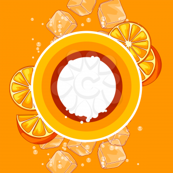 Background with oranges. Ice cubes and soda bubbles. Fresh healthy juice. Delicious flavored cold drink. Stylized citrus fruits whole and slices.