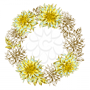Decorative wreath with fluffy yellow dahlias. Beautiful decorative flowers, leaves and buds.