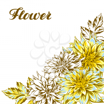 Background with fluffy yellow dahlias. Beautiful decorative flowers, leaves and buds.
