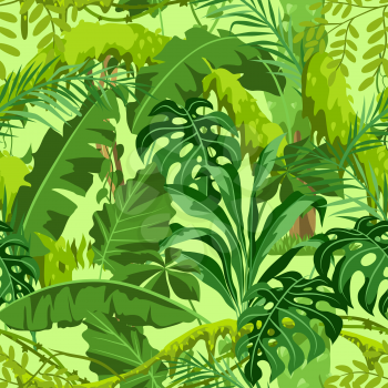 Seamless pattern with jungle plants. Tropical leaves. Woody natural rainforest.