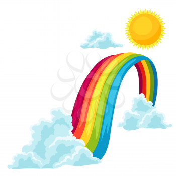 Illustration of clouds, sun and rainbow in sky. Card for environment safety celebration.