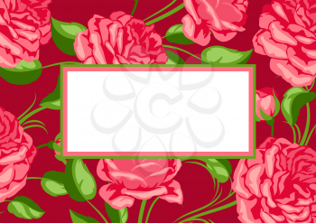 Background ith red roses. Beautiful decorative flowers, buds and leaves.