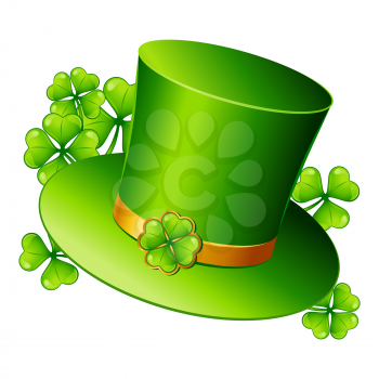 Saint Patricks Day illustration. Leprechaun hat with clover. Irish festive national items.