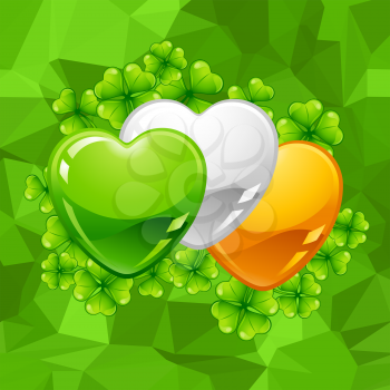 Saint Patricks Day greeting card. Holiday illustration with Irish flag hearts and clover.