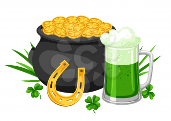 Saint Patricks Day illustration. Pot beer and horseshoe with clover. Irish festive national items.