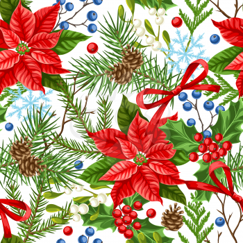 Seamless pattern with winter plants. Merry Christmas holiday decoration. Forest branches background in vintage style.