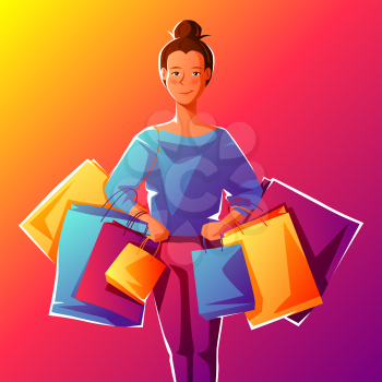 Cute girl with packages. Shopping illustration of young woman character.