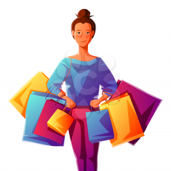 Cute girl with packages. Shopping illustration of young woman character.