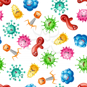 Seamless pattern with little angry viruses.
