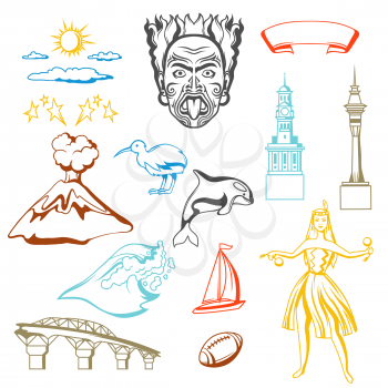 New Zealand icons set. Oceanian traditional symbols and attractions.