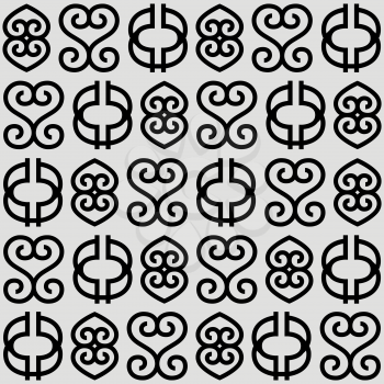 Seamless African Adinkra pattern. Hand stamp printing. National ritual black and white symbols.