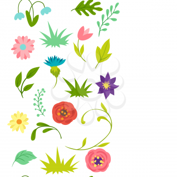 Seamless pattern with spring flowers. Beautiful decorative natural plants, buds and leaves.