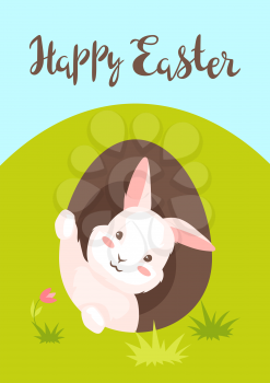 Happy Easter greeting card. Holiday illustration with bunny and hole.